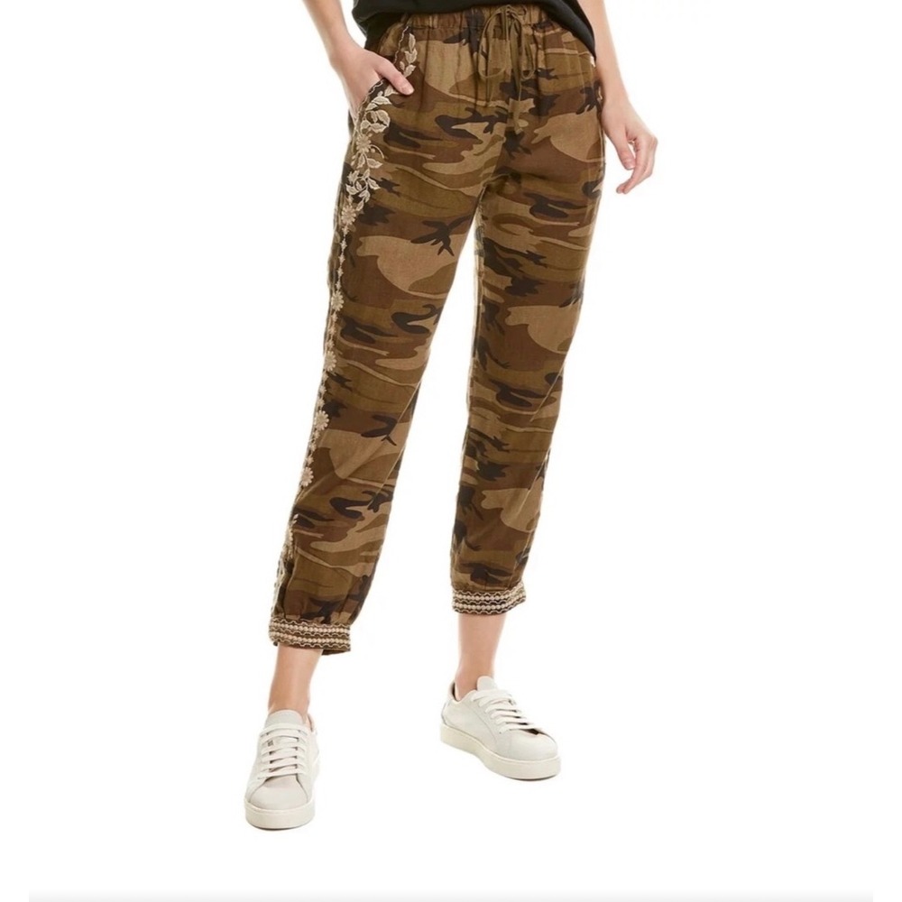 JW Los Angeles Camo Jogger Women XS Green Linen Floral Embroidered Military Chic